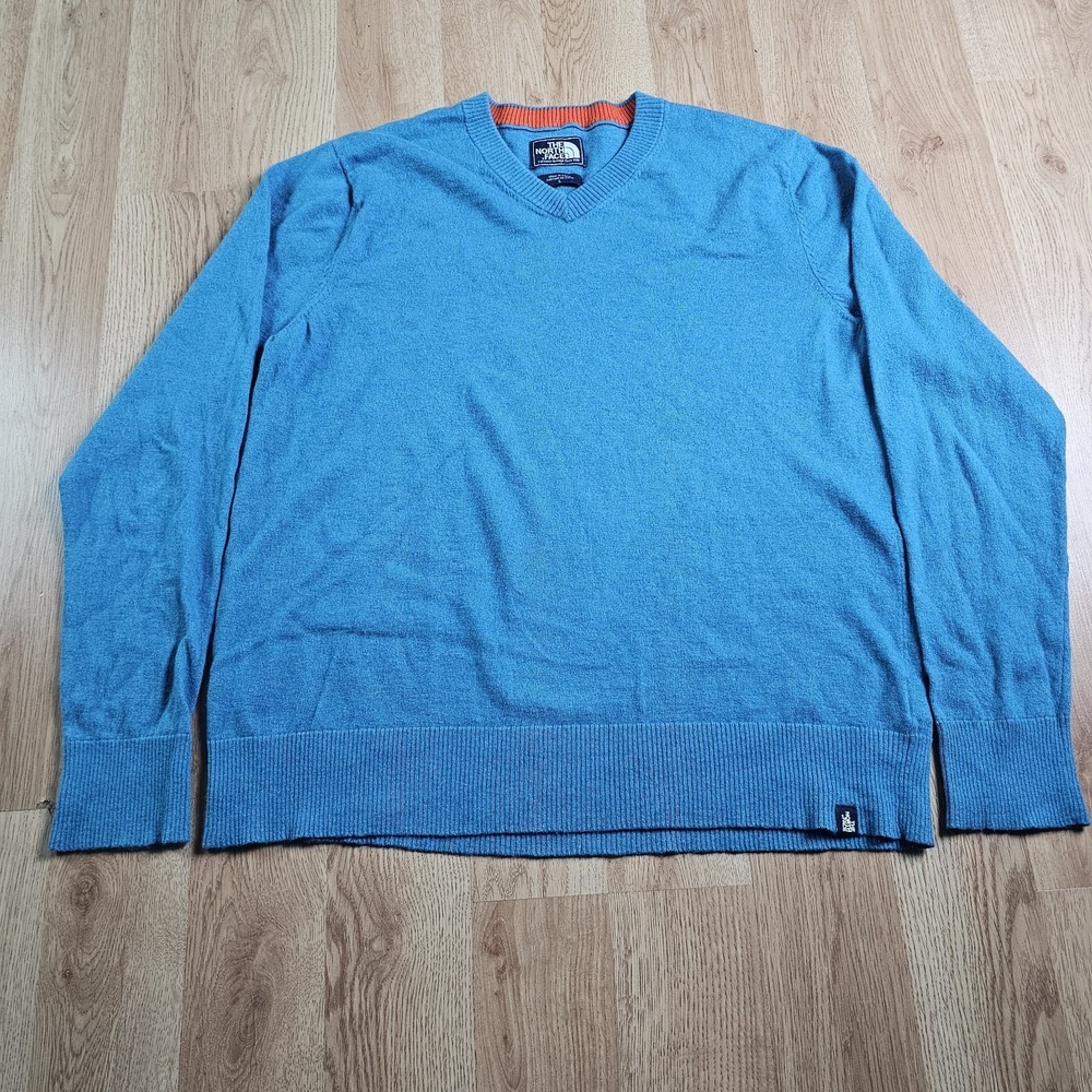 The North Face V-Neck Sweater Mens Large Blue Heather Knit Logo Pullover